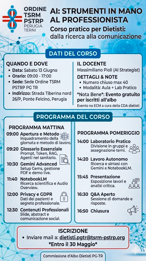 AI: strumenti in mano al professionista. Evento pratico gratuito per Dietisti – 13 giugno 2026